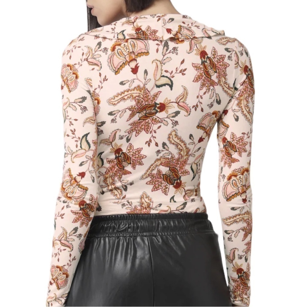 Forever 21 Women's Bodysuit Top Deep V-neck ruffles Peach Floral Small - Picture 3 of 8